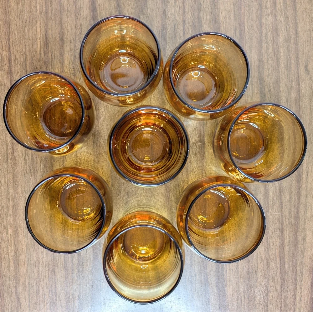 Set Of 8 Vintage 60s 70s MCM Amber Color Roly Poly Glasses Whiskey Stemless Wine